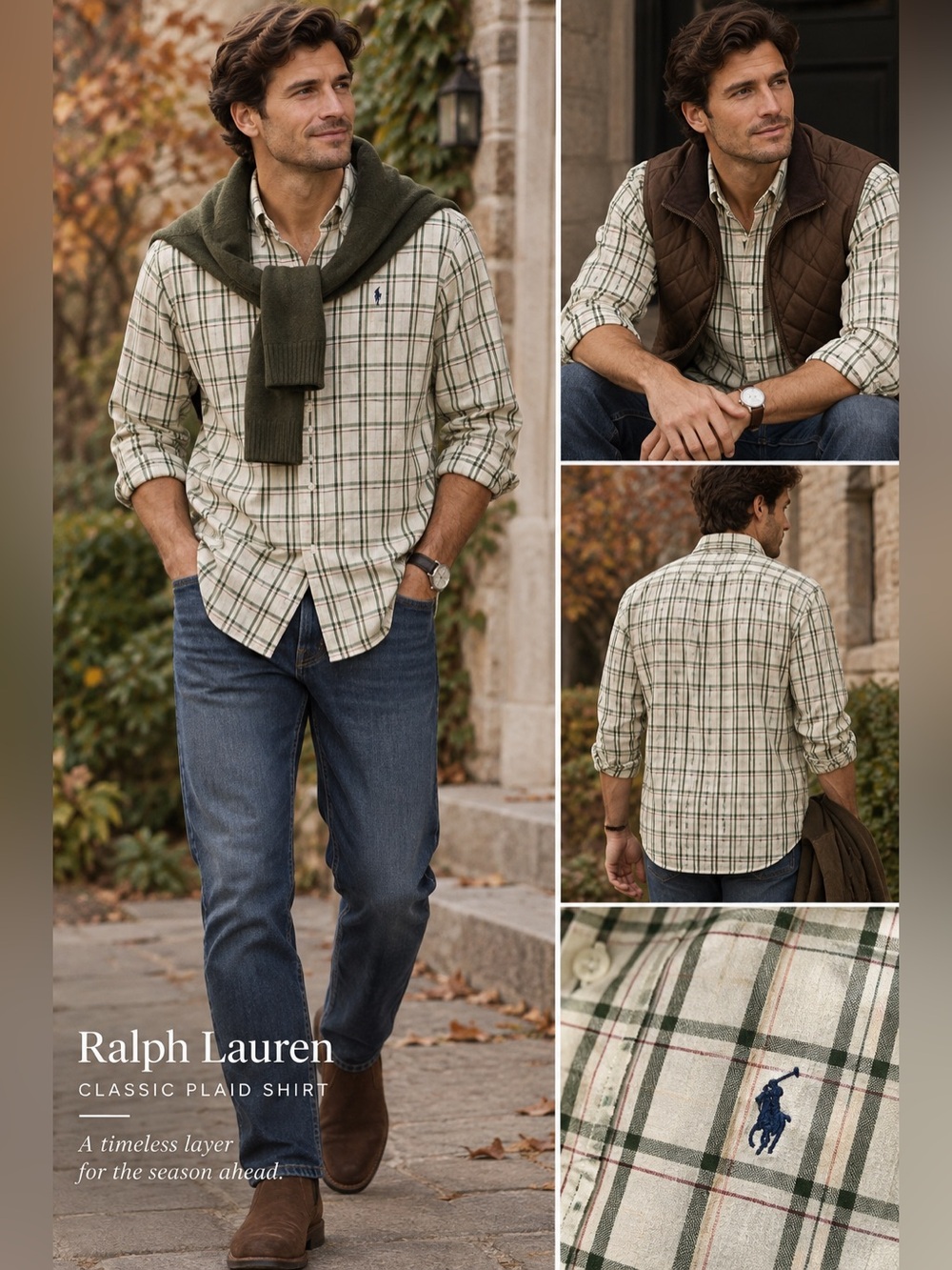 Ralph Lauren Men’s Plaid Cotton Button Down Shirt Cream Green XL